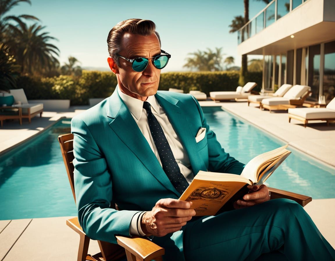 1950s Businessman Poolside in Retro Illustration Style