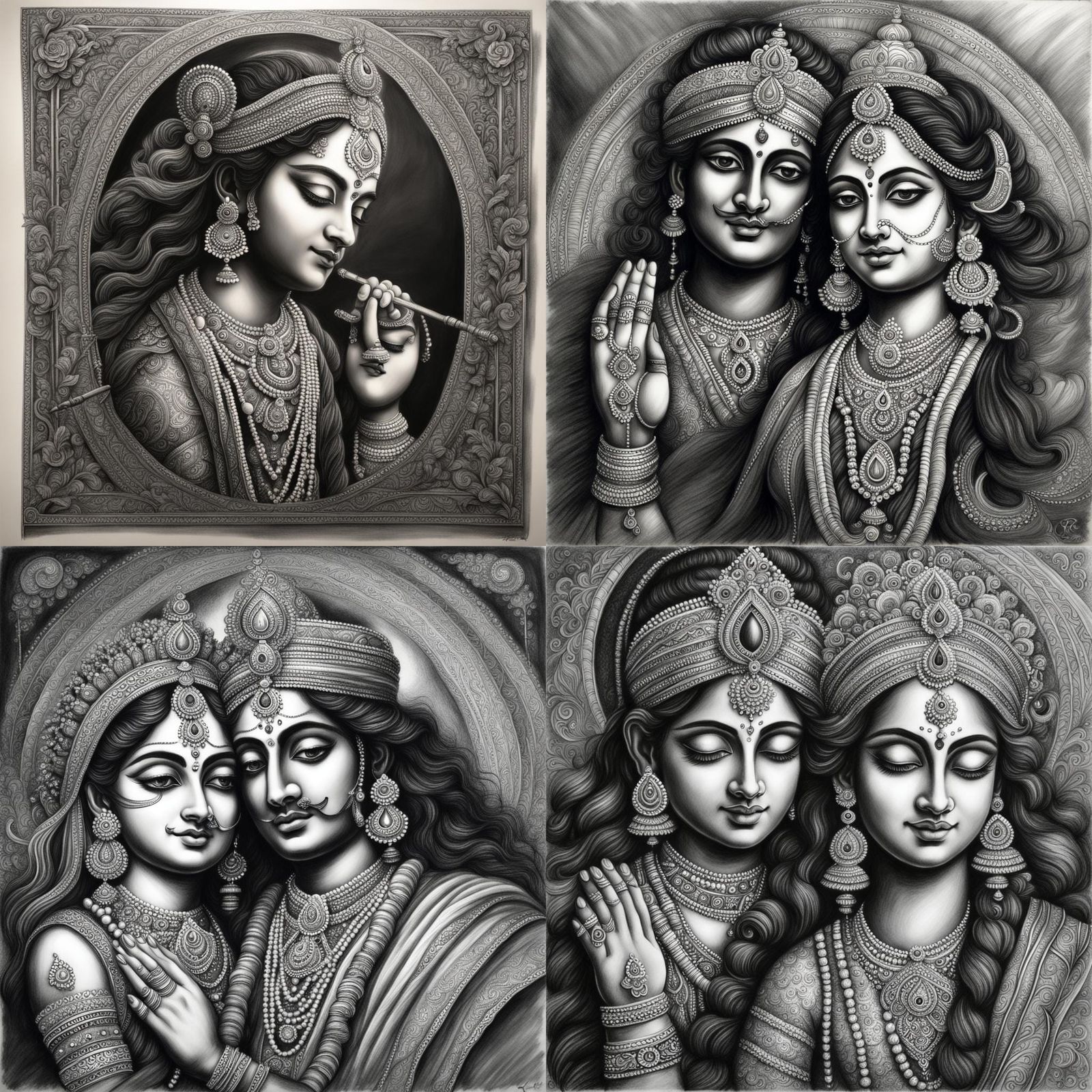 Detailed Charcoal Drawing of Radha Krishna