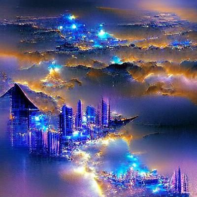 Blue and Gold Cyberpunk Cityscape