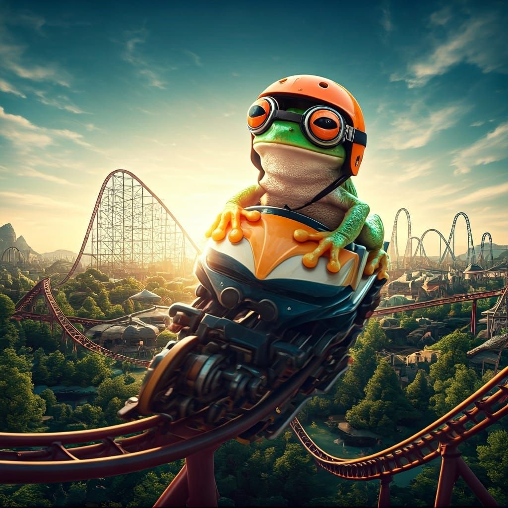 Frog on Roller Coaster in Photorealistic Style