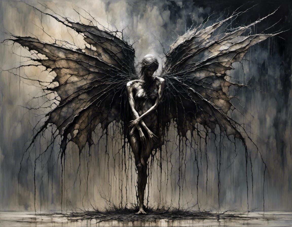 Fallen Angel in Chains: Hyperrealistic Giger-esque Art