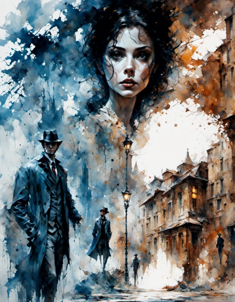 Drunk Detective in Rainy Alley: Film Noir Splash Art