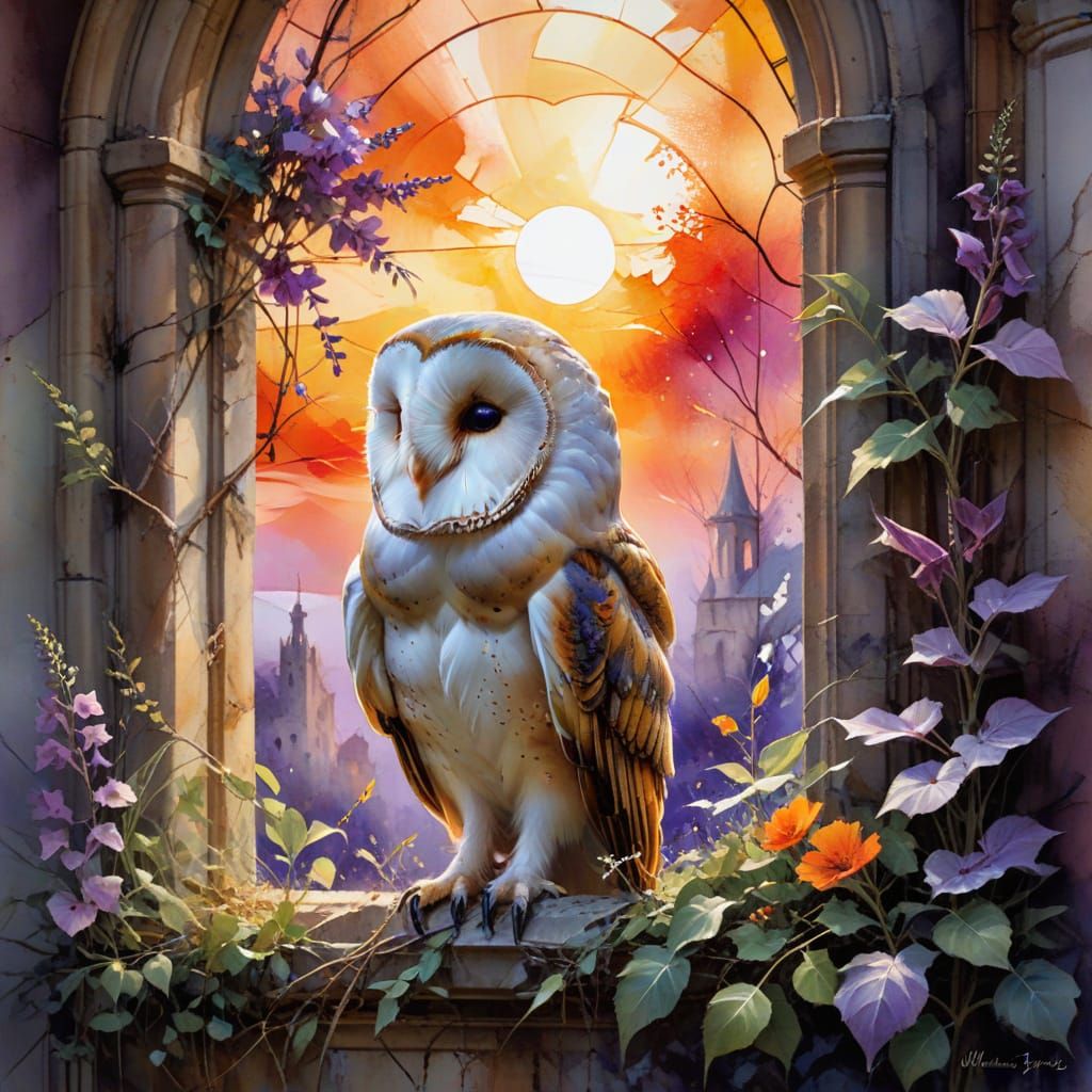 Barn Owl in Church Window at Sunset Watercolor