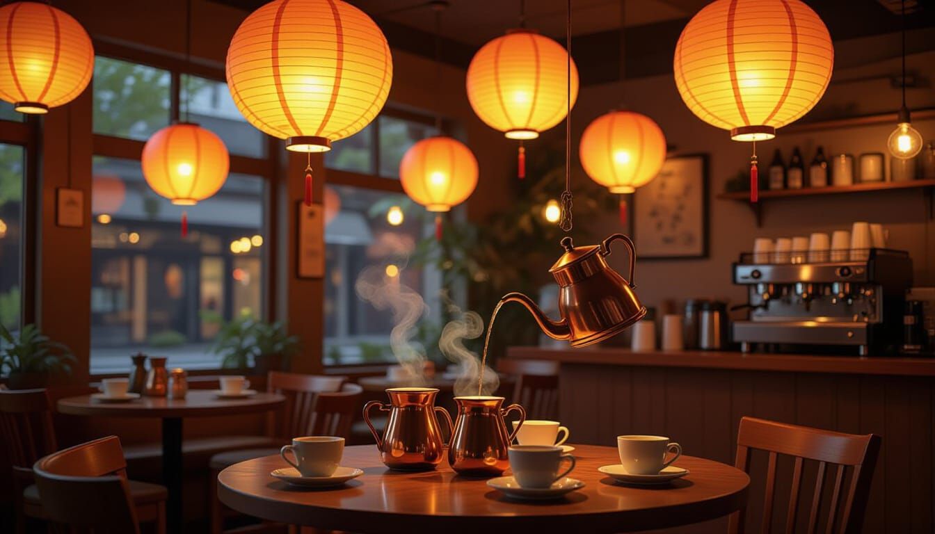 Magical Cafe With Floating Lanterns And Self-Pouring Coffee