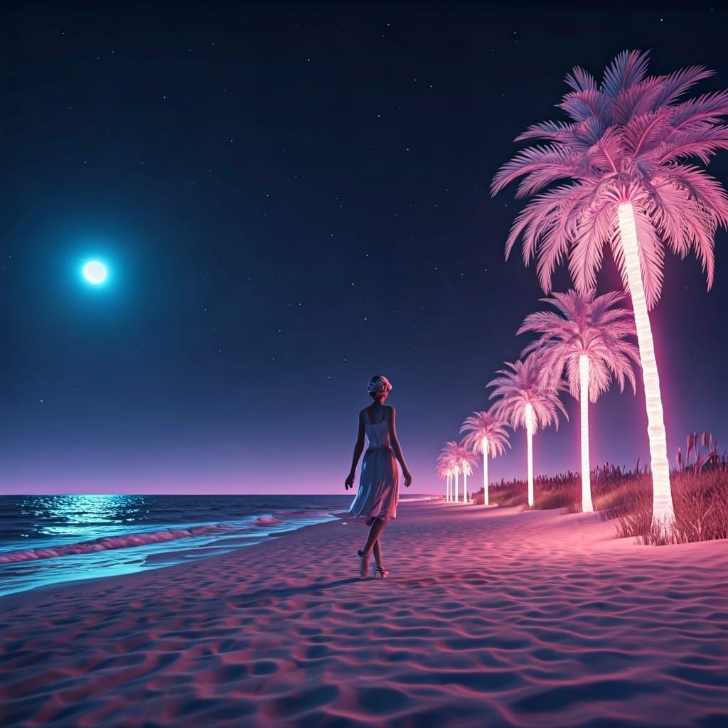 Art Deco Woman on Neon Beach at Night