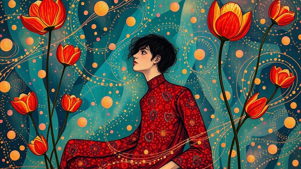 Dreamlike Encounter in Vibrant Opal Hues, Whimsical Blodeuwe...