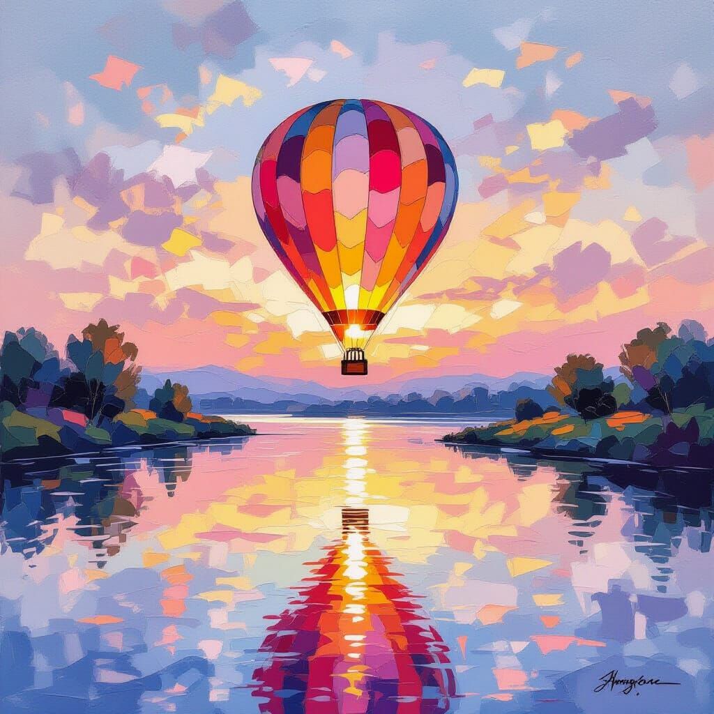 Twilight Riverside Balloon in Acrylic-Collage Impressionism