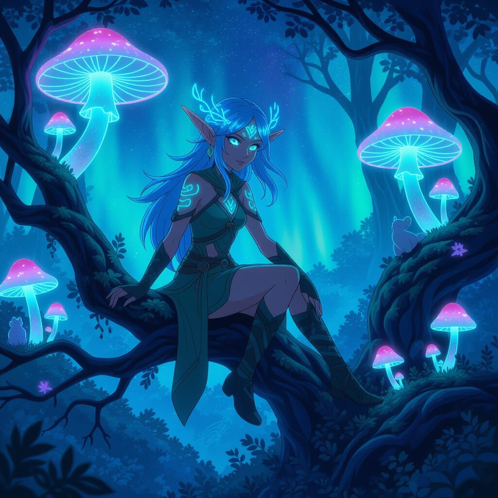 Mystical Anime Forest Elf with Cosmic Aurora