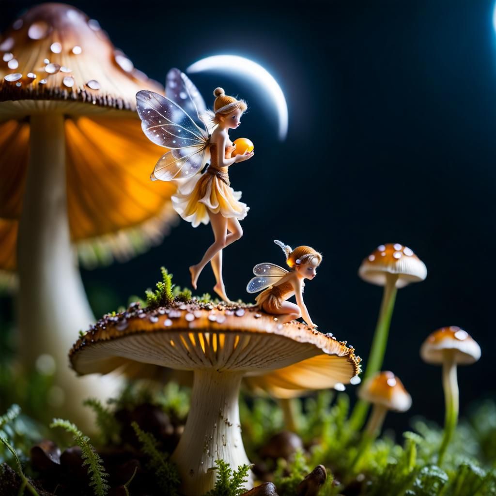 Fairy Moonbathing on Mushroom: Macro Photography