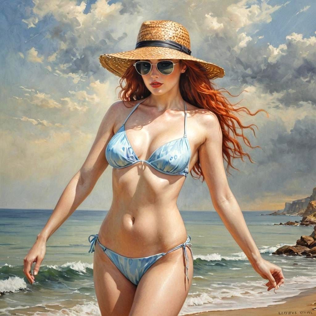 Glamorous Redhead at the Beach: Oil Painting in Royo Style