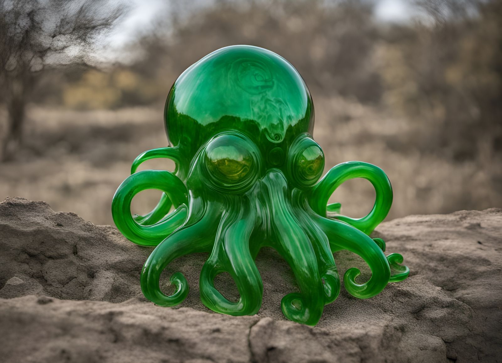 Translucent Green Glass Cthulhu in War Ravaged Land