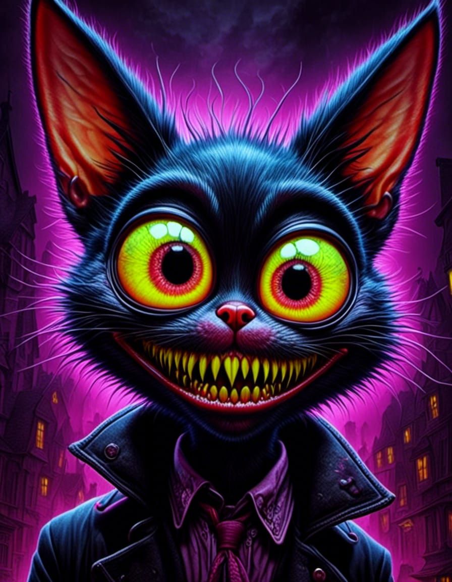 Creepy Black Cat Monster in Pop Art Style