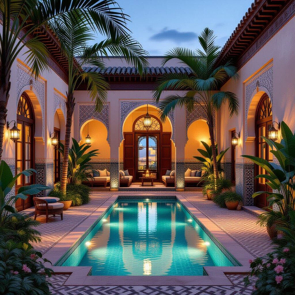 Tranquil Moroccan Riad Courtyard at Dusk