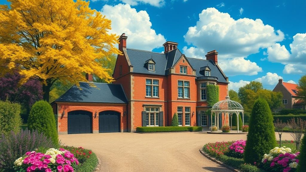 Grand Brick Chateau with Vibrant Garden and Painterly Sky