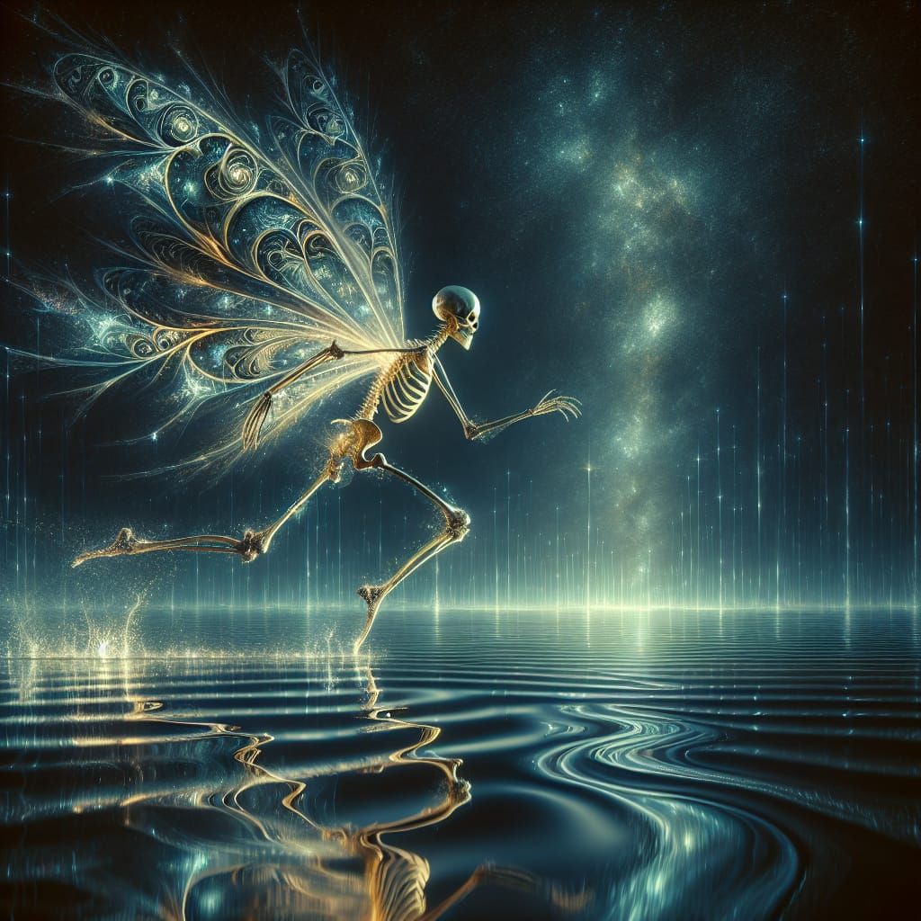 Skeletal Fairy with Fractal Wings on Lake