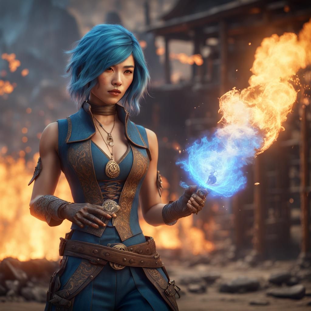 Fiery Asian Gunslinger Sorceress in Wild West