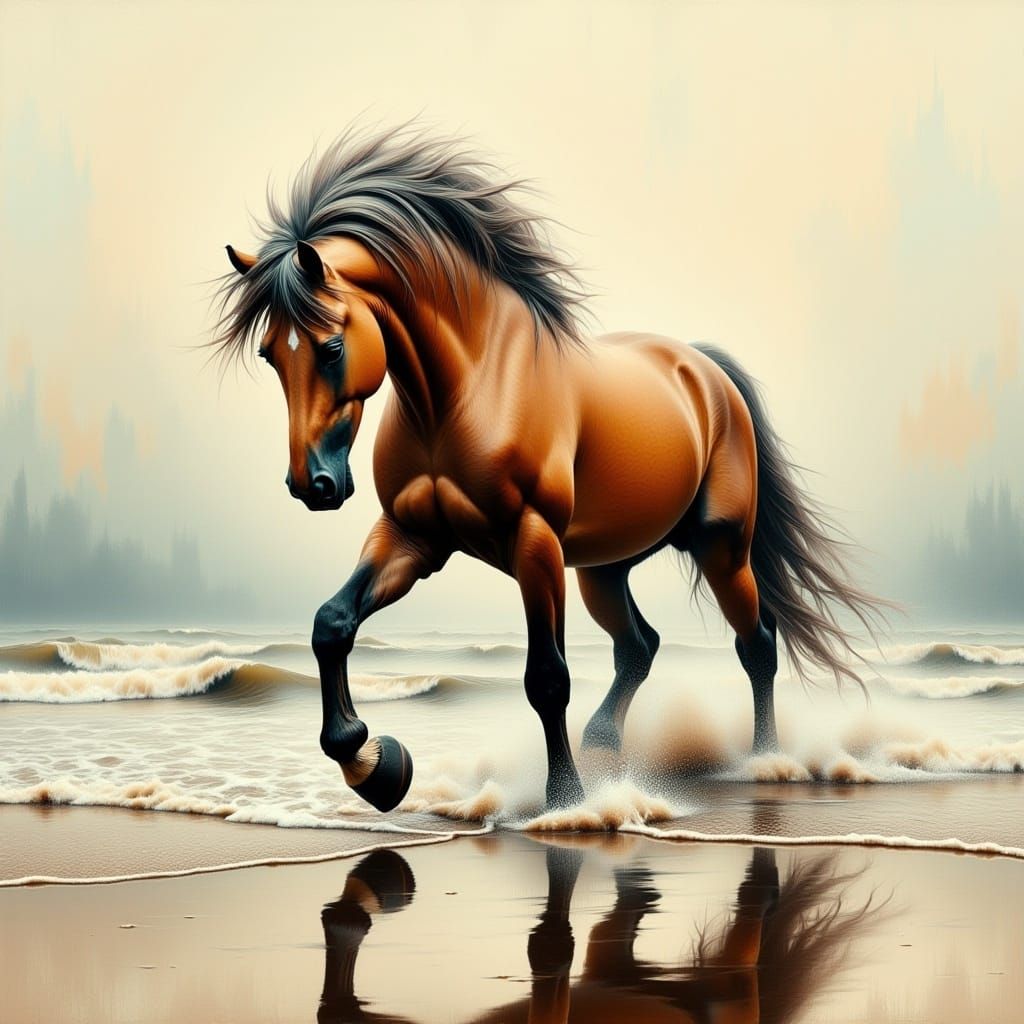 Dust-Coated Horse Facing Gentle Wave as Chalk Painting