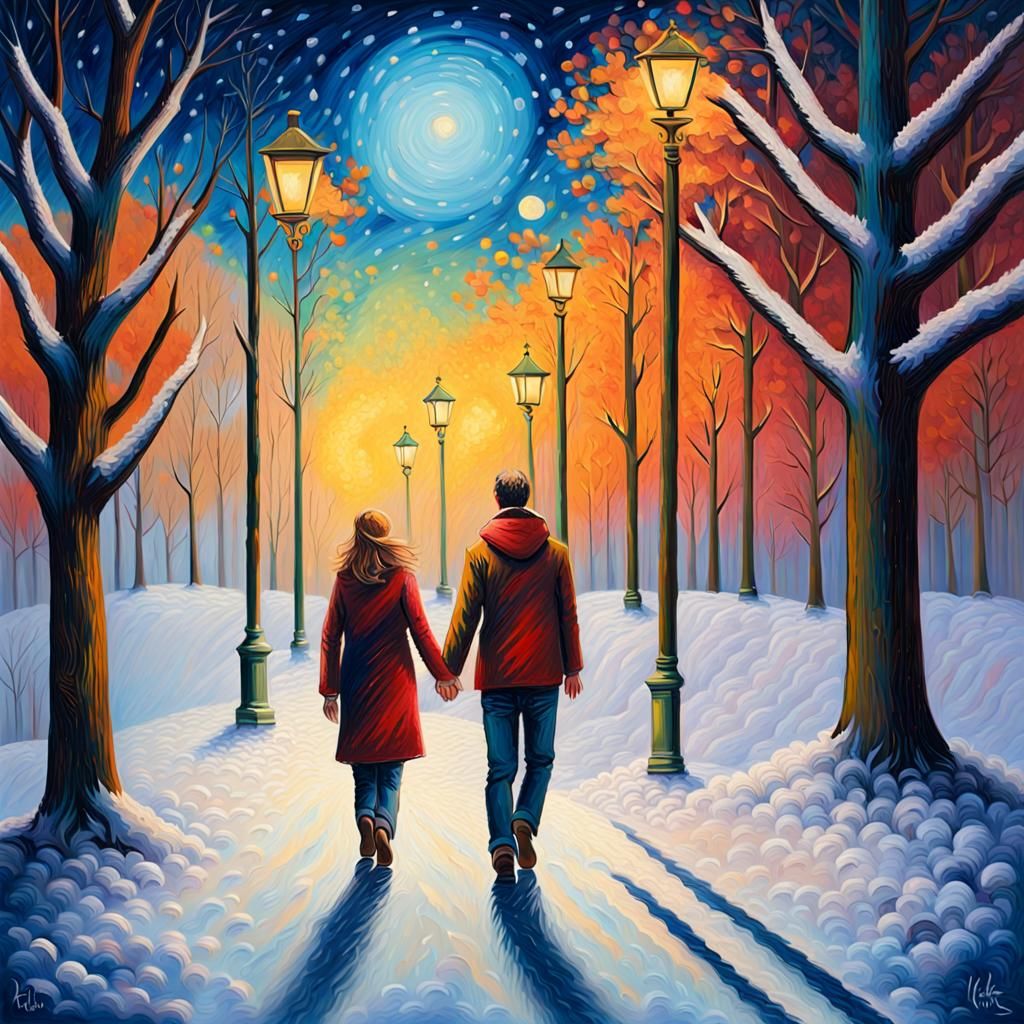 Couple in Snowy Starry Night, Neo-Impressionist Painting