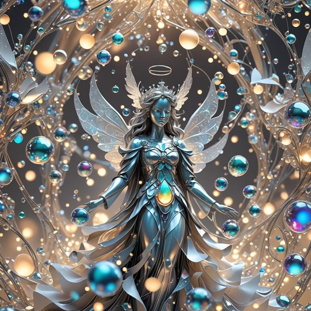 Fractal Angel with Silver Fountain in Origami Style