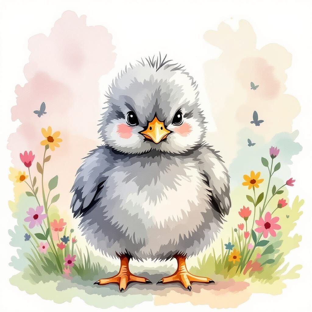 Grumpy Fluffy Chick in Watercolor and Ink Style
