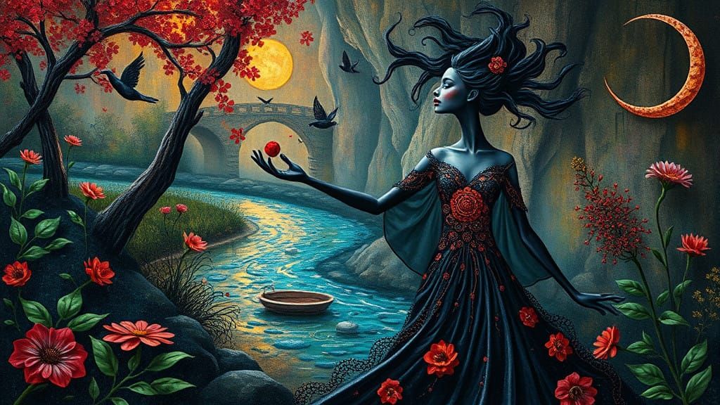 eyes darkly soft clothing 3D origami fractal lush garden river chromoshadow visible on a wall Is a timebomb ticking? imp...