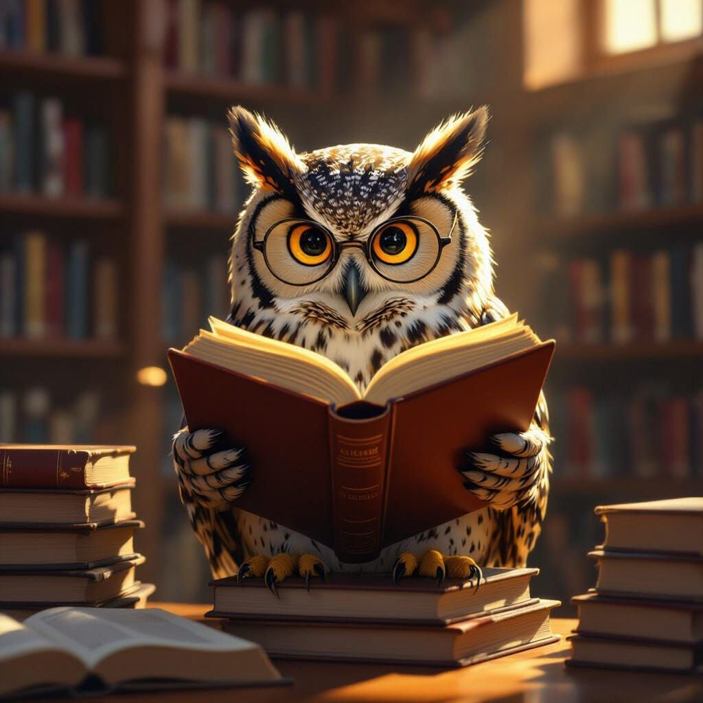 Wise Owl Reads in Sunlit Library, Digital Matte Painting