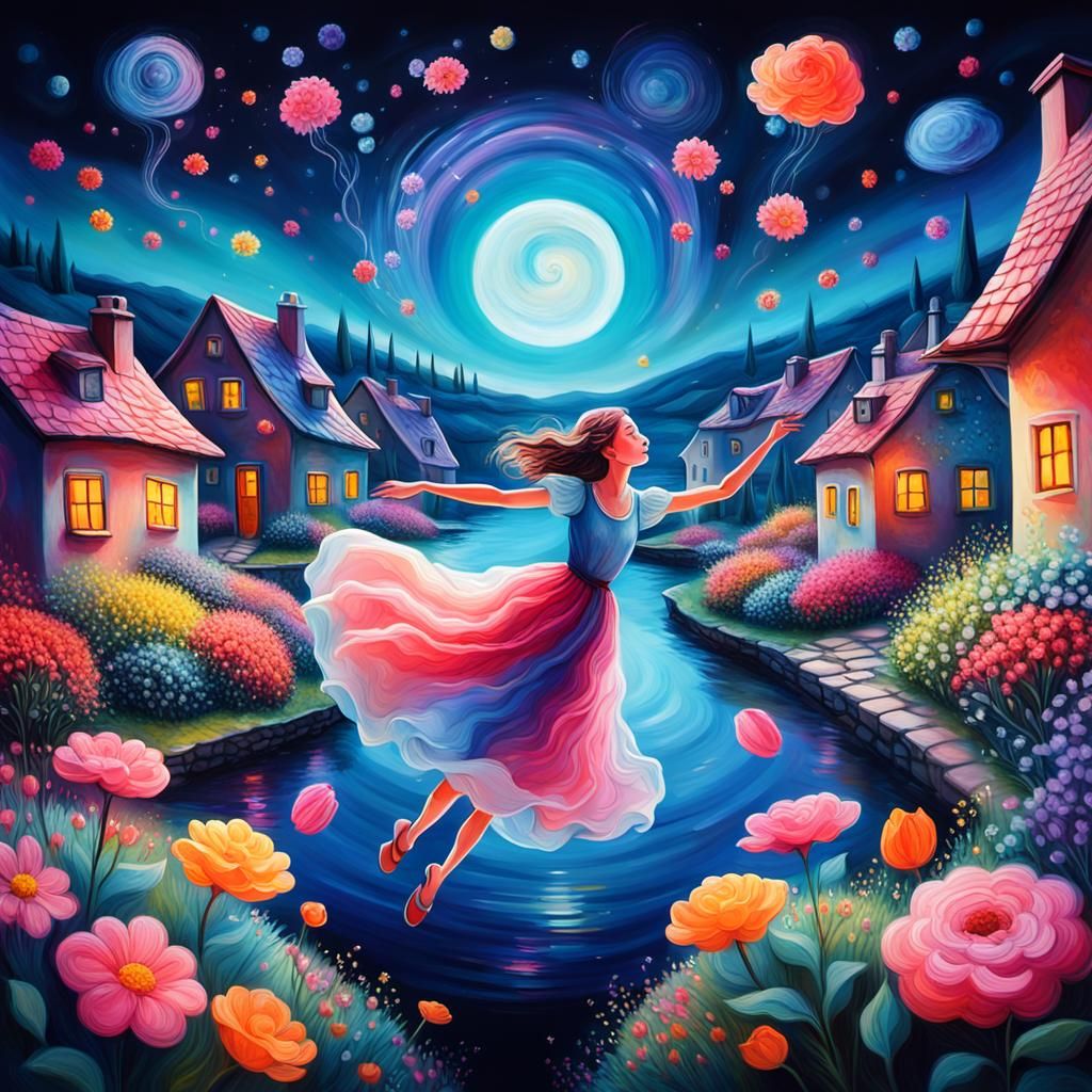 Dreamlike Woman Floating in a Whimsical Village