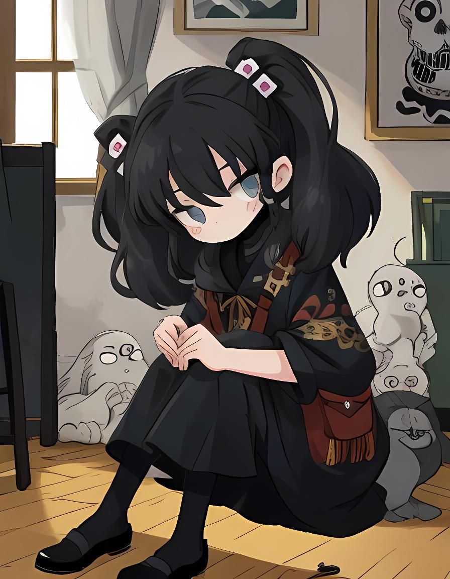 Girl with Death Mask in Anime Style