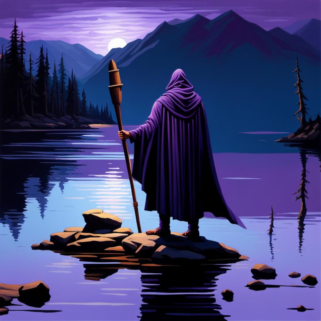 Enigmatic Figure by Lake in Detailed Painting