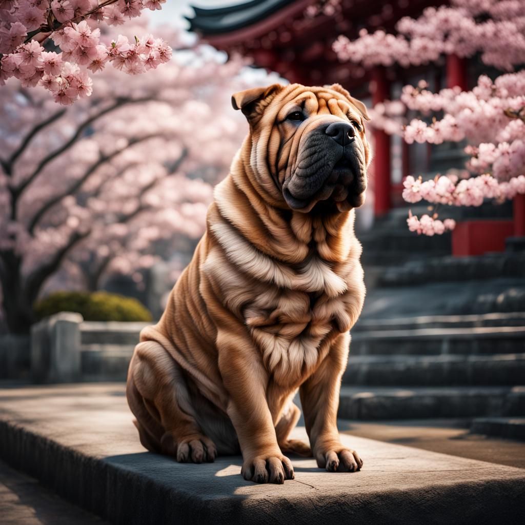 Shar Pei Dog at Japanese Temple in Hyperrealism