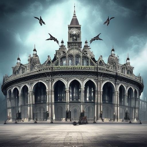 Gothic Railway Station in Digital Matte Painting Style