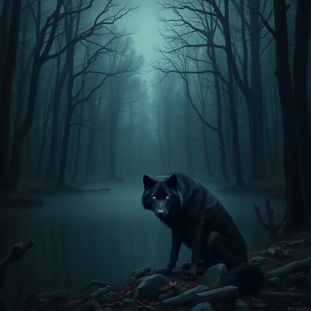 Majestic Wolf Lost in Dark Forest