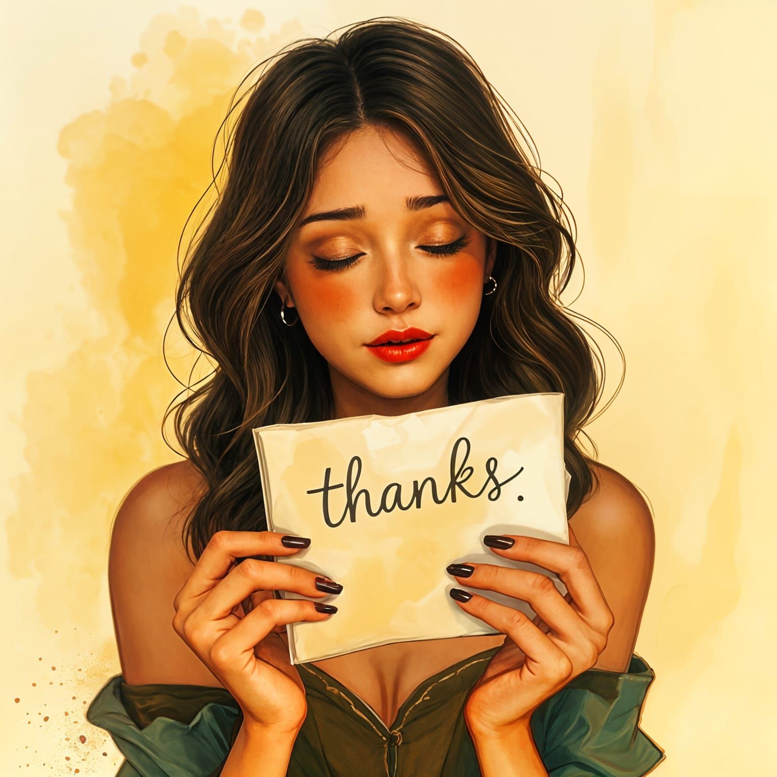 Emotional Woman Holds the Word Thanks in Her Hands