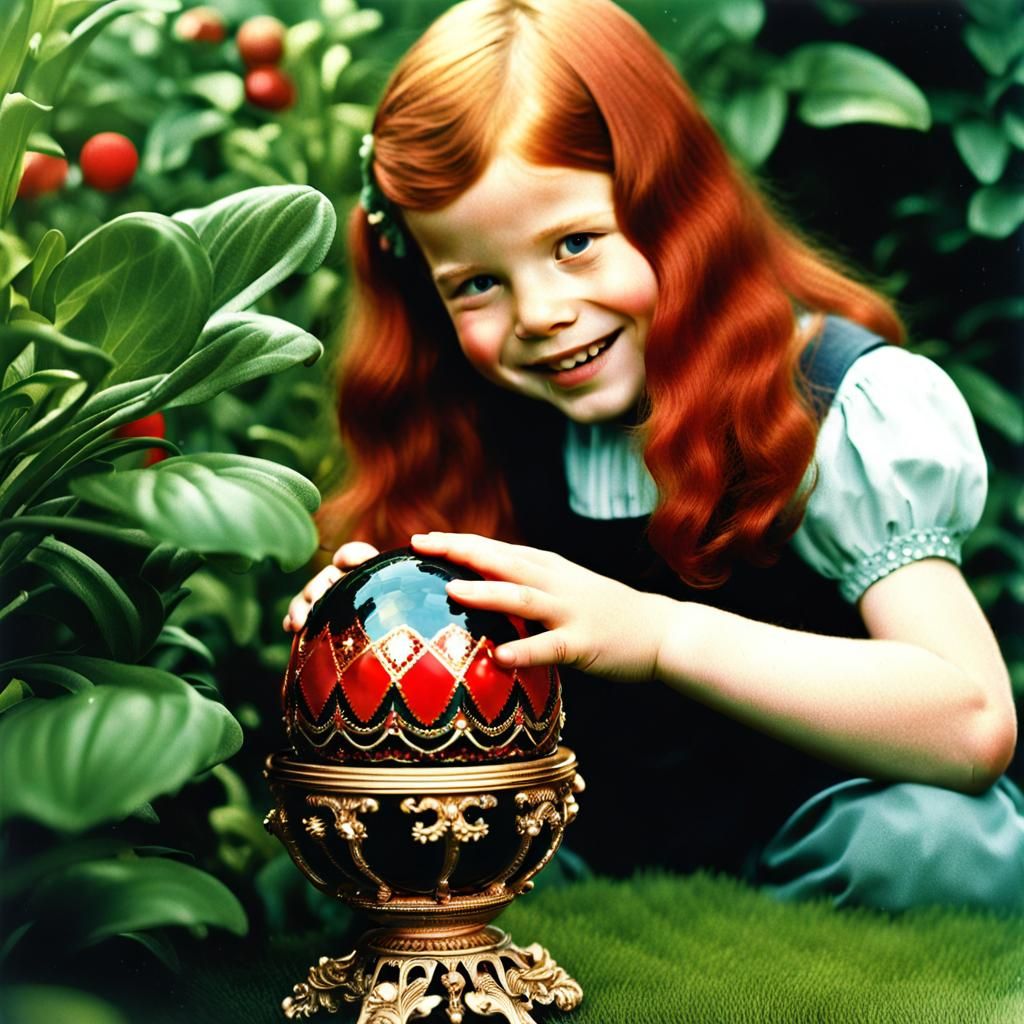 Girl Finds Faberge Egg in Garden: Vintage Photography