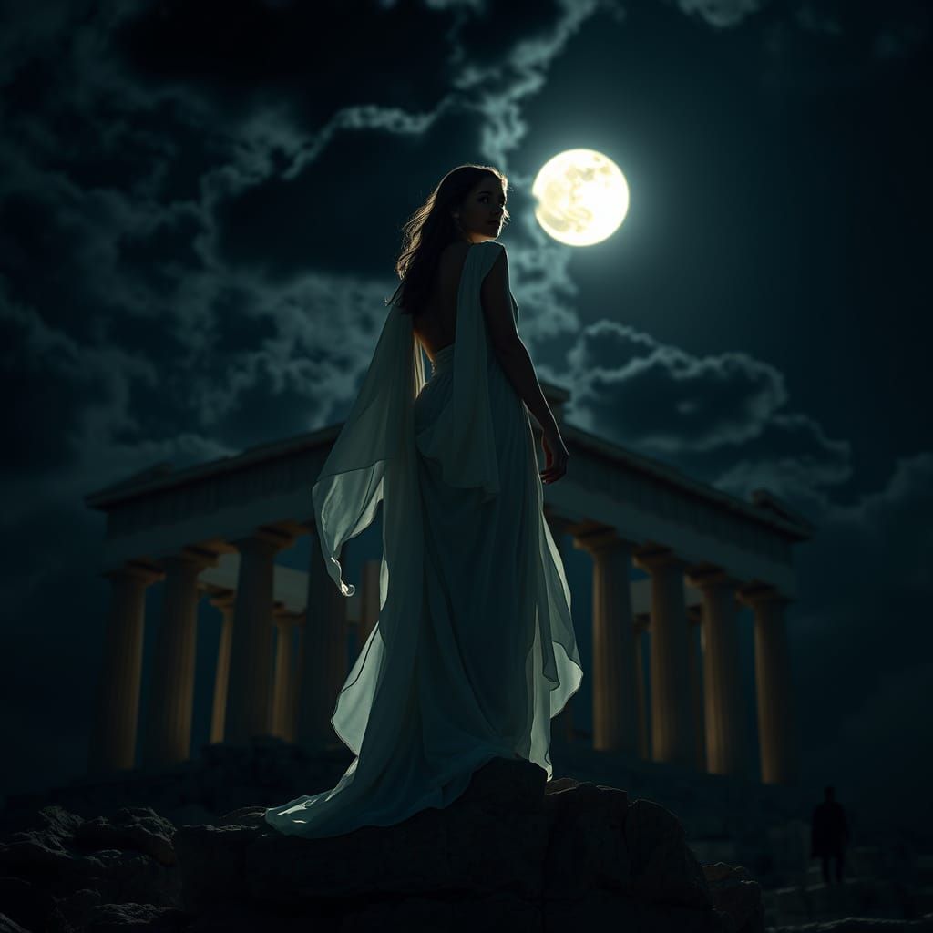 Goddess Selena Silhouette on Acropolis in Chiaroscuro
