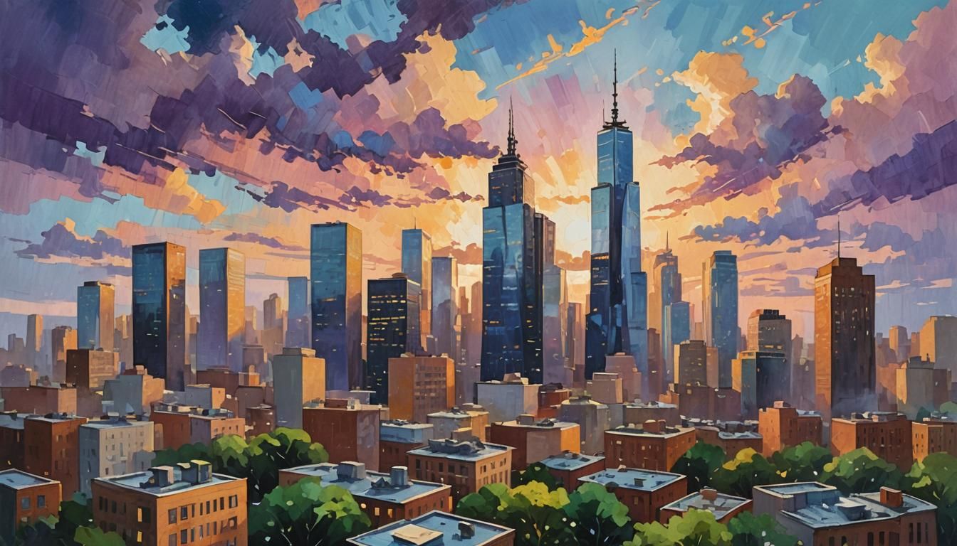 Gouache Cityscape with Pastel Skyscrapers in Impasto Style