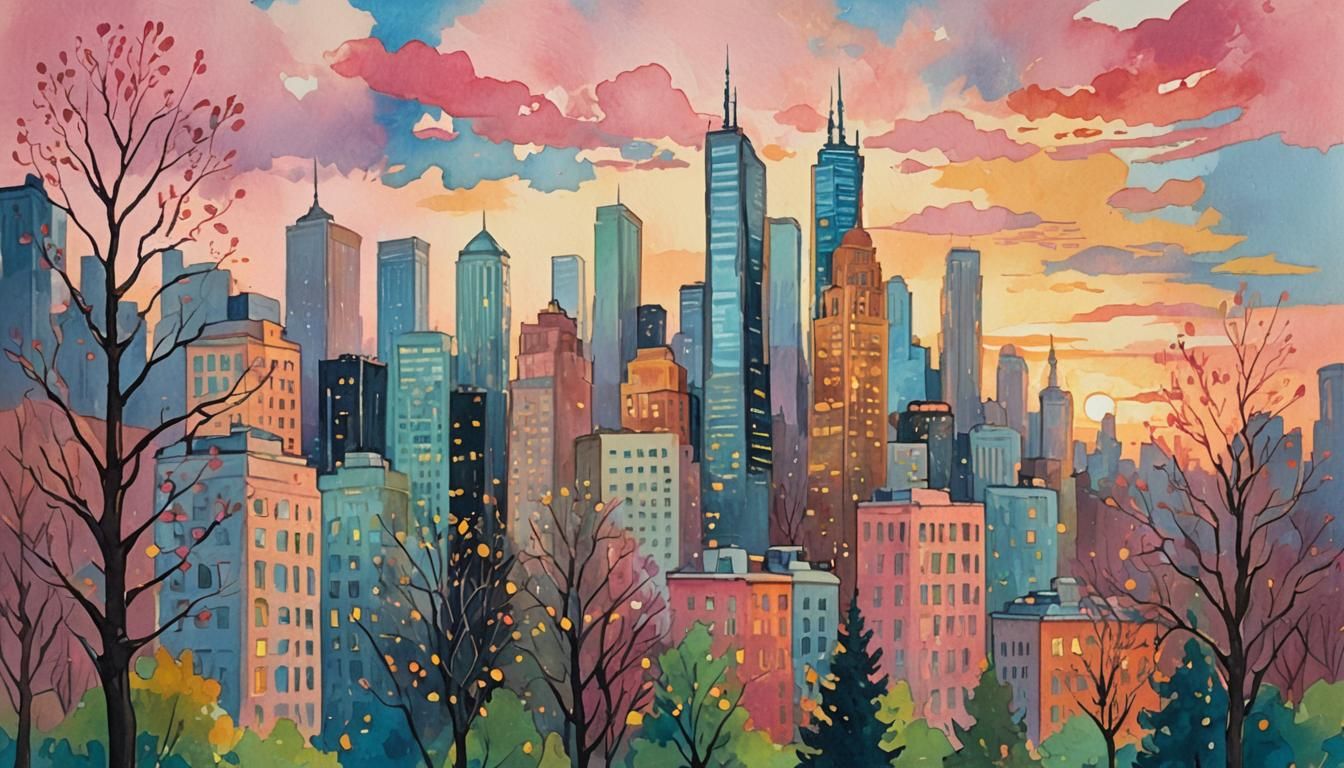 Pastel Skyscrapers and Tall Trees in Gouache Cityscape