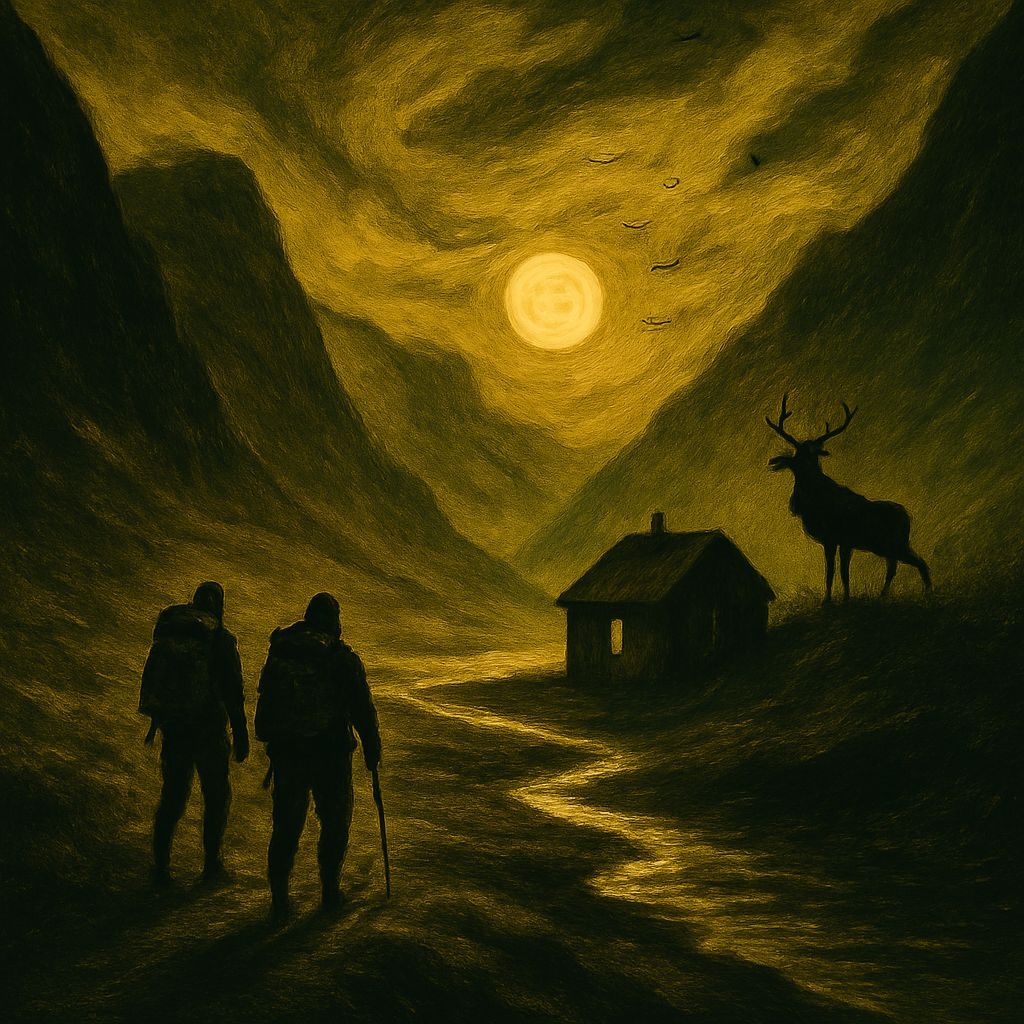 Highland Backpackers Watched by Stag in Romantic Goth Style