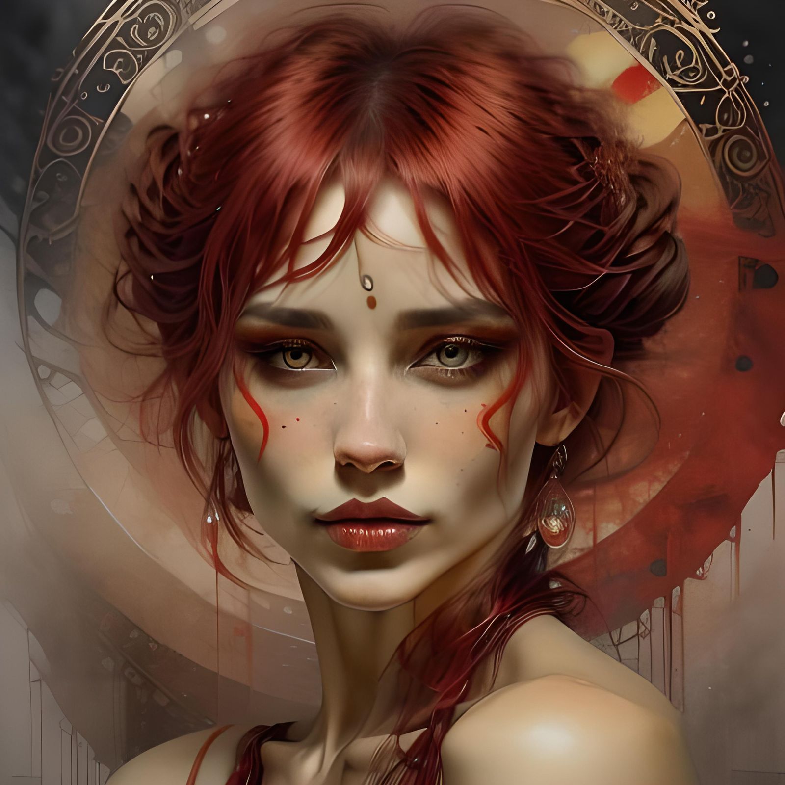 Opulent Red Portrait in Ink Painting Style