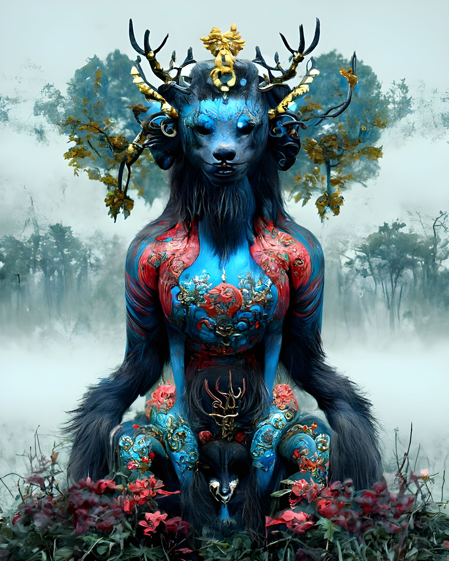 Mystical Blue Beast with Antlers, Digital Art