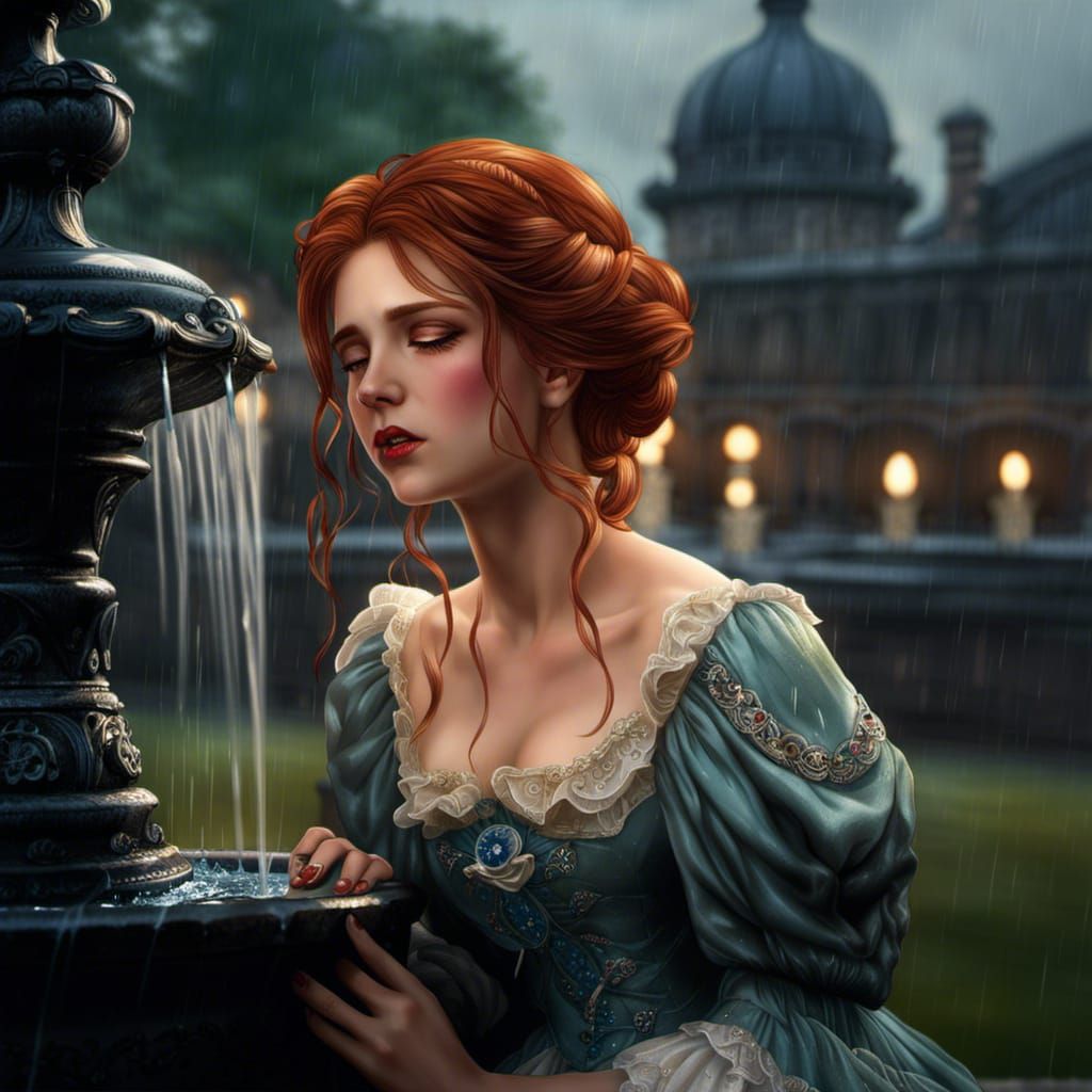 Victorian Maiden's Rainy Anime Portrait