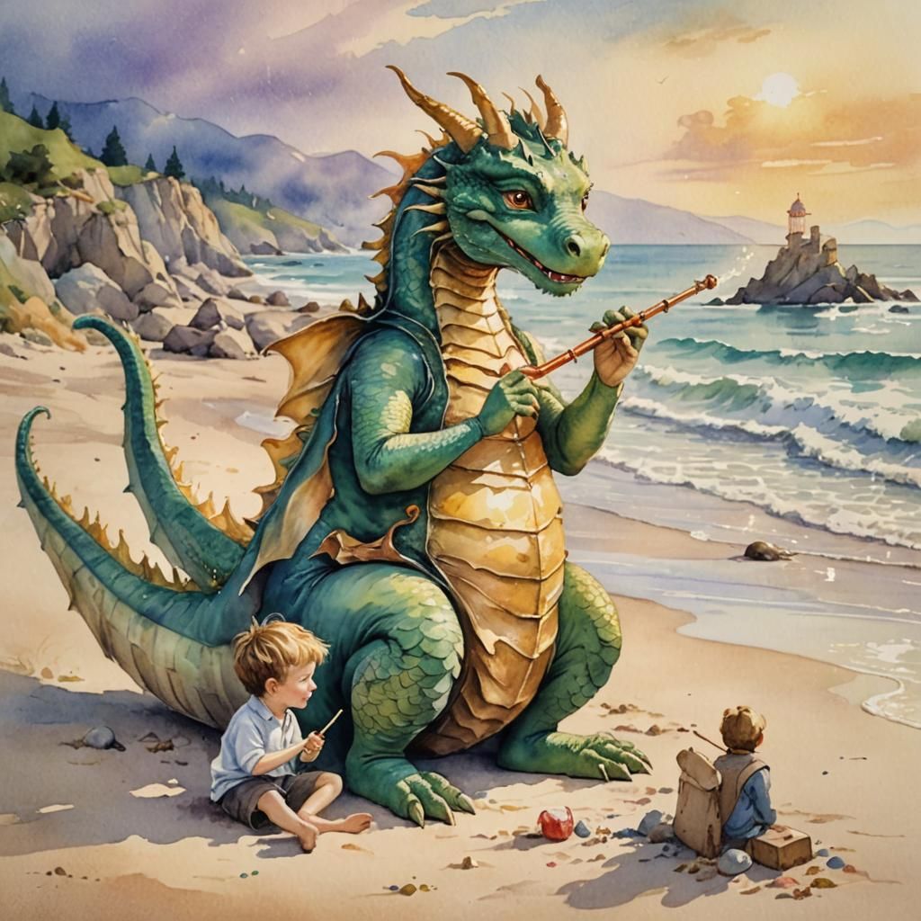 Puff the Magic Dragon: Watercolor Beach Scene