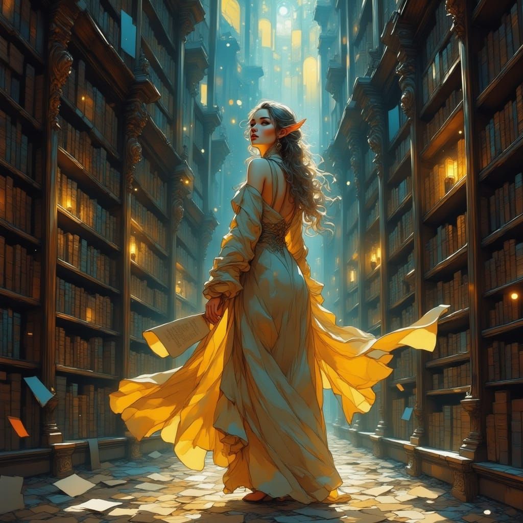 Elf Librarian in Fantasy Library: Storybook Style