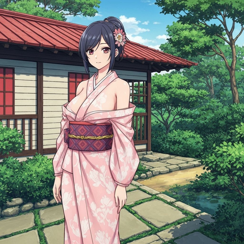 Anime Woman in Open Kimono at Japanese Garden