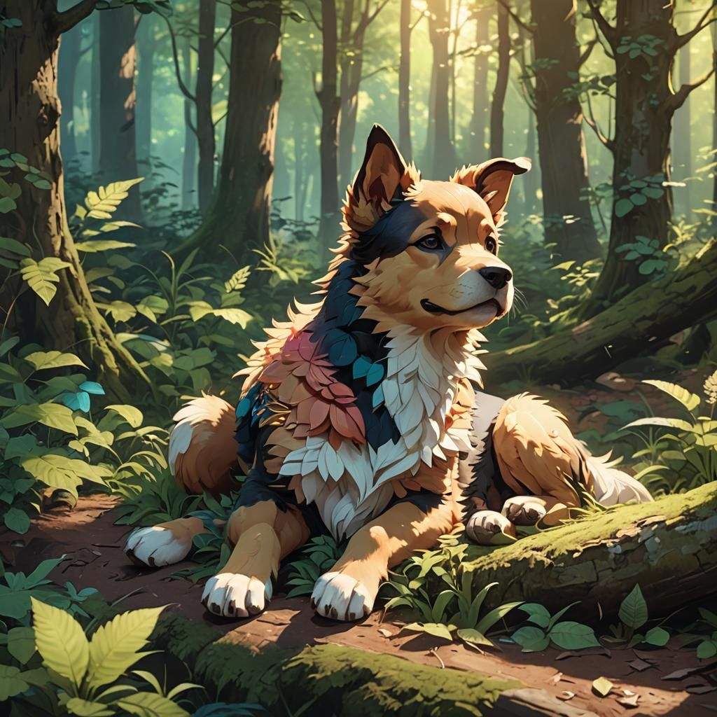 Puppy Drake Resting in Forest: Anime Concept Art