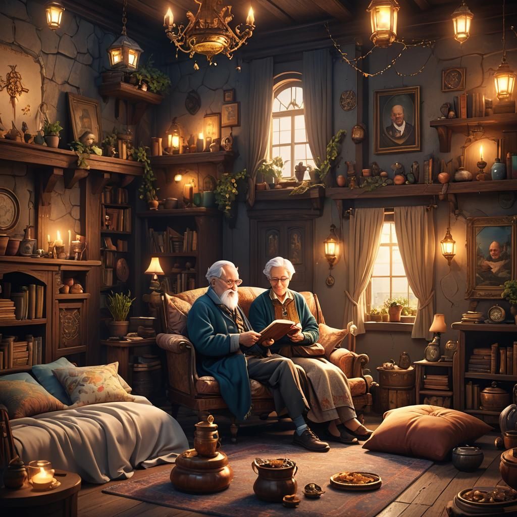 Cozy Grandparents in Magical Bedtime Story Setting