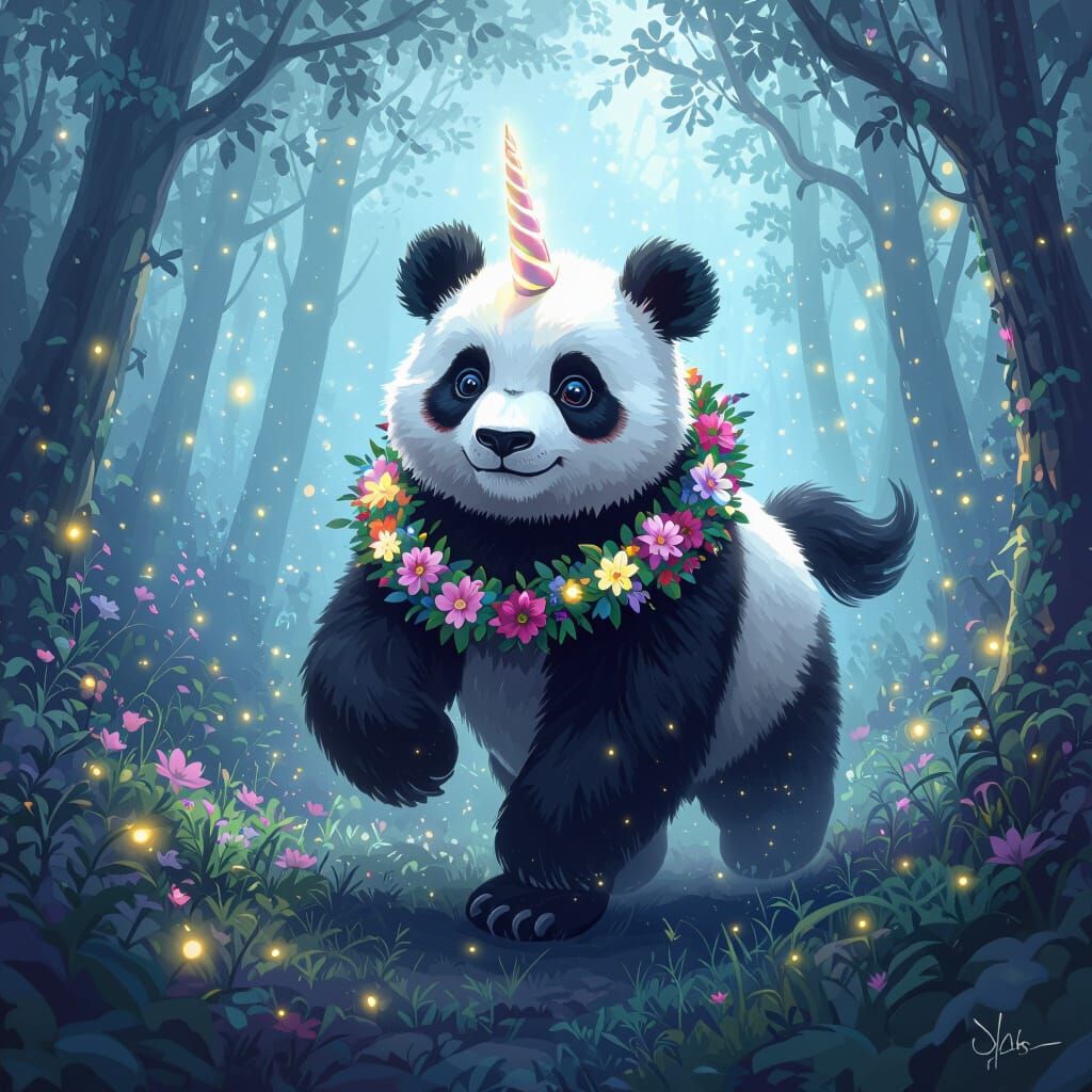 Panda Unicorn in Misty Forest with Floral Garland