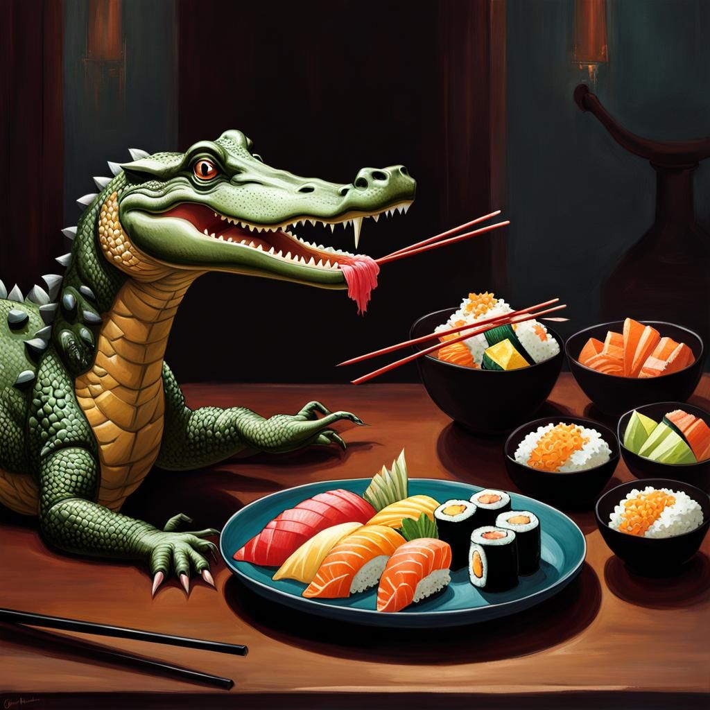 Crocodile and Giraffe Enjoying Sushi, Sinister Art