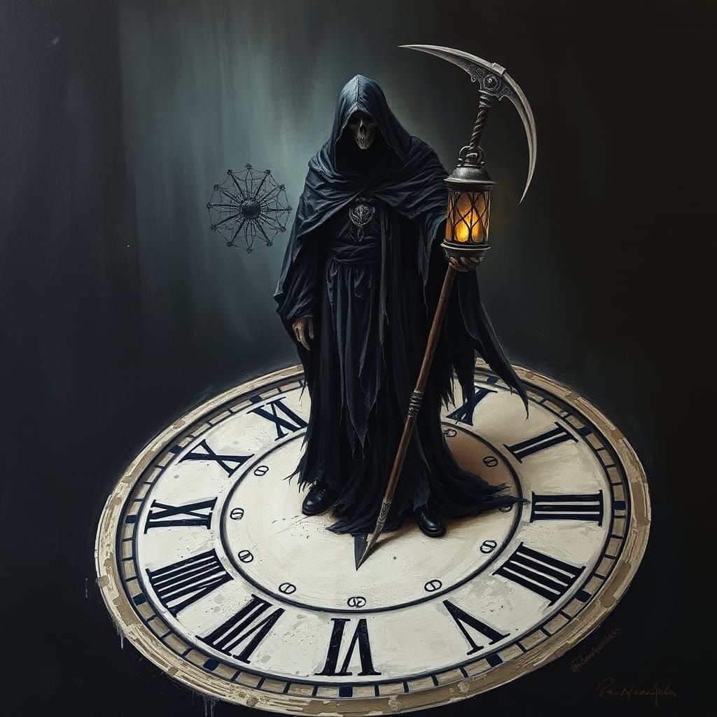 Grim Reaper on Time Dial Impasto Painting