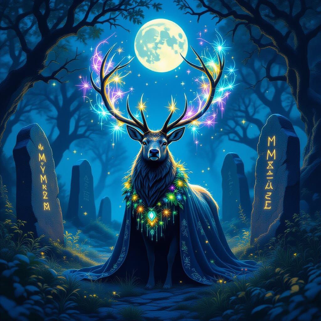 Bioluminescent Stag in Moonlit Grove with Glowing Flora